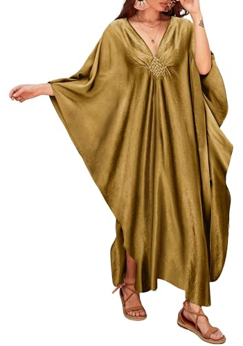 Bsubseach Dam solid färg cover up V-ringad batwing sleeve plus size strand kaftan klänningar, F-guld, En Storlek