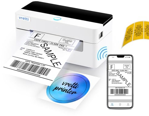 vretti WiFi Etikettendrucker, 4x6 Versandetiketten Drucker, 20-Fach-Thermopapier, Thermodrucker für Amazon, Shopify, DHL, UPS, mit WiFi-Verbindung,Ohne Tinte