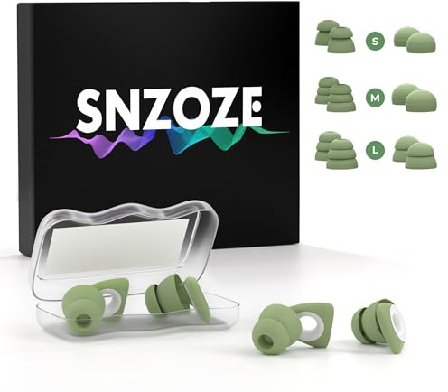 SNZOZE 2 Pairs Silicone Reusable Earplugs for Noise Reduction - SNR 27 dB - Hearing Protection Ear Plugs, with 12 Ear Tips in S/M/L - for Sleep, Concert, Work, Study, Focus, Travel (Green, 2 Pairs)