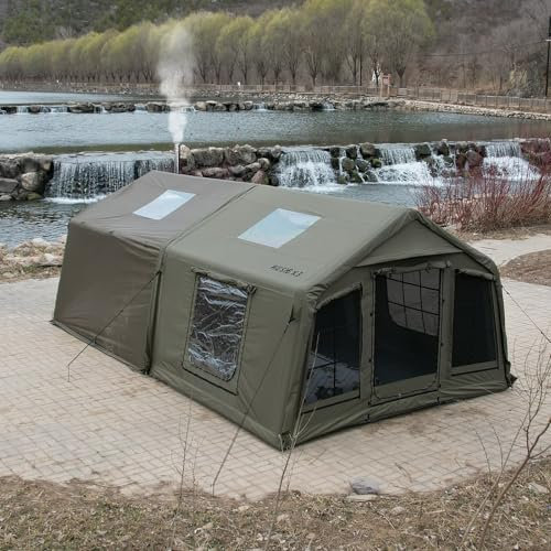 Sport Tent 4 Season Cotton Inflatable Tent Air Tents with Stove Jack Hole & Cable Hole,8-10 Person Pop-Up Tent with Detachable Awning & TPU Door and Windows