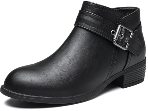 funbank Ankle Boots for Women Low Heel Chelsea Booties for Winter Round Toe Leather Snow Boots Chunky Fall Shoes with Side Zipper