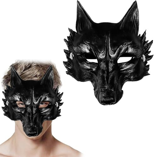 GUOYOU Halloween Wolfsmaske 3D Maske Halloween Dämon Teufel(Schwarz Silber)