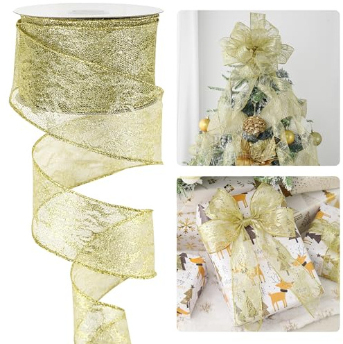 HUIHUANG Lace Wired Ribbon Gold Christmas Tree Ribbons 2.5 inch x 25 Yards, Gold Glitter Wire Ribbon for Christmas Tree, Wreaths, Garland, Gift Wrapping, Bows Making, Wedding Decor