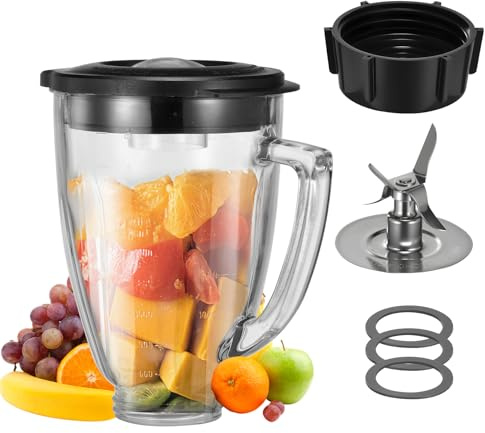 6 Cup Blender Glass Jar with Blade，Including 1 glass jar with lid 1 4fins blade 1 blender jar base 3pcs seal gasket. Replacement Parts for Oster Osterizer (NOT fit Pro, Master or Versa models)