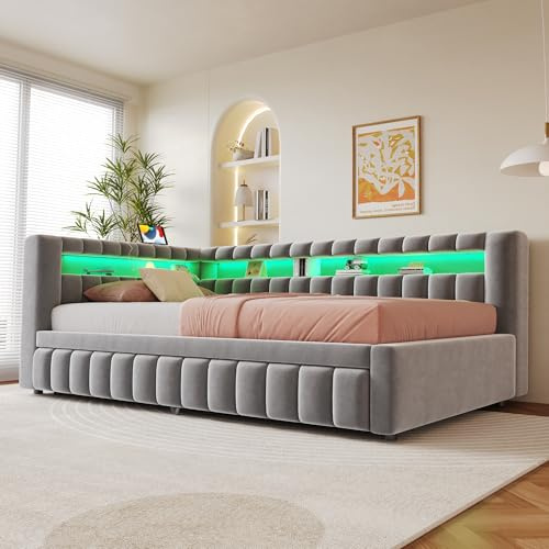 LANTRO JS Samtsofa, Ausziehbett mit Farbwechselnden Leuchten und Ablagefächern, Tagesbett Verfügt über USB- und Typ-C-Ladeanschlüsse, Hellgrau
