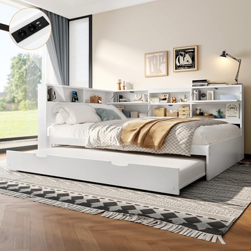 Merax Kinderbett 140x200 Doppelbett Tagesbett mit Ausziehbett, Jugendbett Multifunktionsbett mit Steckdose und USB+Typ C, Stauraum Regal, Holzbett Bettgestell mit Lattenrost(Ohne Matratze), Weiß