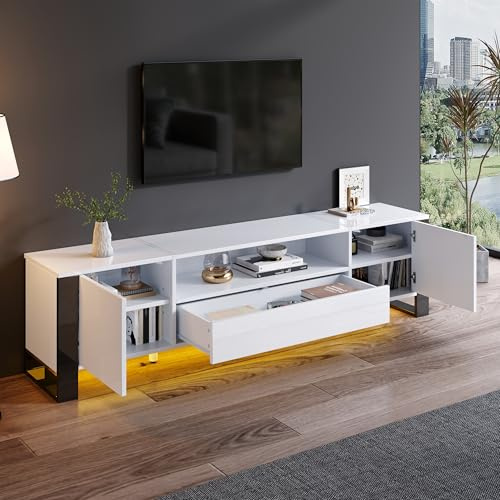 OOIILLEE Meuble TV Design 178 cm Moderne et Brillant - Blanc Lumineux avec Éclairage LED Intégré, Ample Rangement pour Téléviseurs jusqu'à 70 Pouces (170-180 cm)