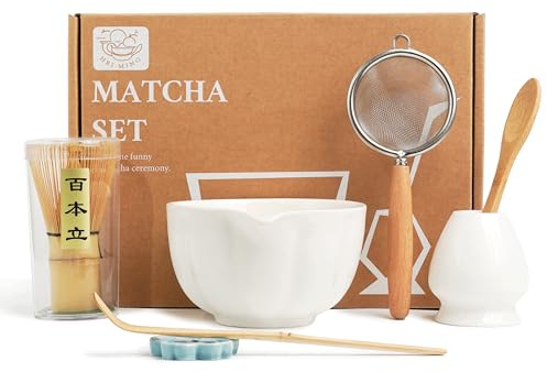 HEI MING Premium Matcha Set 7-teilig – Exklusives Teezeremonie-Set mit Bambus-Chasen (Besen),Weiß Keramik-Schale, Löffel & Zubehör, Originelles Geschenk für Matcha