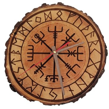 Runenuhr Massive Erle Nordische Wikinger Wanduhr Groß Vegvisir 25-28cm | Ohne Tickgeräusche, Deko Wohnzimmer, Natürliche Baumscheibe, Holzuhr, Vikinger Runen