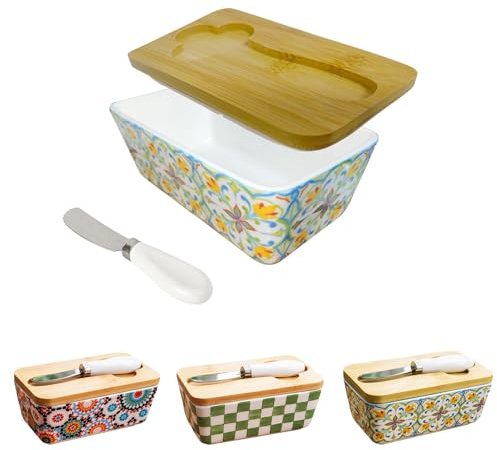 Mantequera de porcelana – 14,8 x 8,5 x 6,5 cm, 350 ml, gran capacidad, porcelana, con tapa de madera y cuchillo de mantequilla, para almacenamiento de mantequilla y decoración de cocina del hogar – A