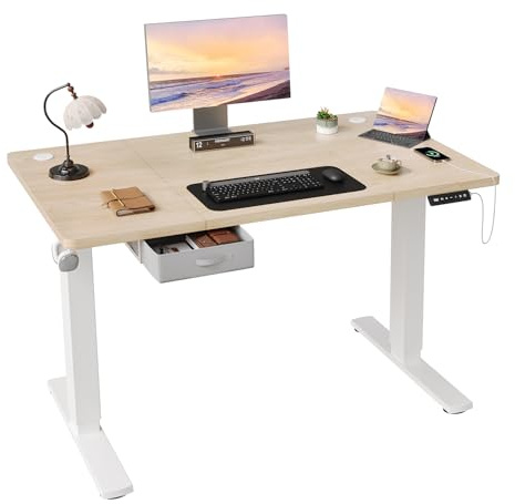 JUMMICO Höhenverstellbarer Elektrischer Stehtisch 140 x 80 cm mit Schublade und Haken – Höhenverstellbarer Sitz-Steh-Tisch mit Stabilem Stahlrahmen, Breiter Stehtisch für das Homeoffice, Beige