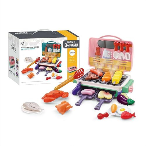 Simulation Cooking Toy, Kids BBQ Grill Toys Set, Pretend Gourmet Cooking Box, Reusable Little Chef Pretend Play, Kitchen Toy Set with Spray Sound & Color-Changing Food for Toddlers Boys Girls
