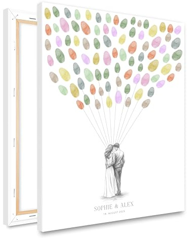 HEI Print Personalisiertes Hochzeitsgästebuch Leinwand – Fingerabdruck Ballons mit Brautpaar – mit Namen & Datum – Geschenkidee zur Hochzeit, Alternative zum Gästebuch, ohne Farben, 30×40 cm