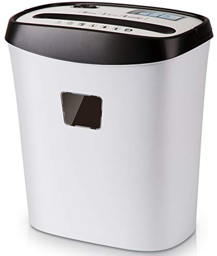 Tyst dokumentförstörare för papper, strimlar 6 ark på en gång, 10 minuters drifttid, 5 x 40 mm skärstorlek, 15 L kapacitet papperskorg