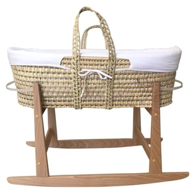 Tanuki Moisés de Mimbre Natural para Bebé con Base de Madera - Hecho a Mano - Colchón Incluido - Estilo nórdico Liso Blanco