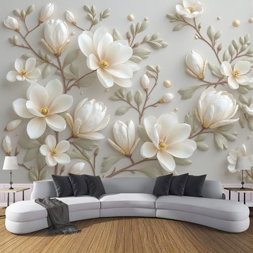 ZISTRCBAO Panorama Carta Da Parati Fiori Di Magnolia In Fiore 350x256cm, Tessuto Di Seta Carta Parati Fiori In Rilievo 3D, Fotomurale Moderna Decorazione Da Parete per Camera Da Letto Soggiorno