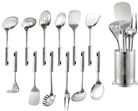 Premium Set of 13 Pieces Stainless Steel Kitchen Tool Set with Holder, Easy to Clean, Space Saving, Great for Cooking, Baking Prepping