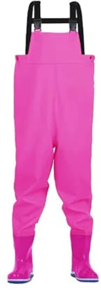 TRRYUIP Waders fiske bröstvadare med stövlar för barn utomhusaktiviteter flickor pojkar PVC regnbyxor + vattentäta bootfoot byxor (rosa 26 27)