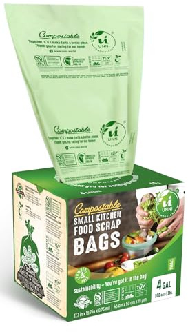 UNNI Compostable Trash Bags, 4 Gallon / 15 Liter, 100 Count, Extra Thick 0.75 mil Small Kitchen Food Scrap Bin Liners, Certified by BPI, CMA & OK compost HOME, Meets the ASTM D6400 Standard