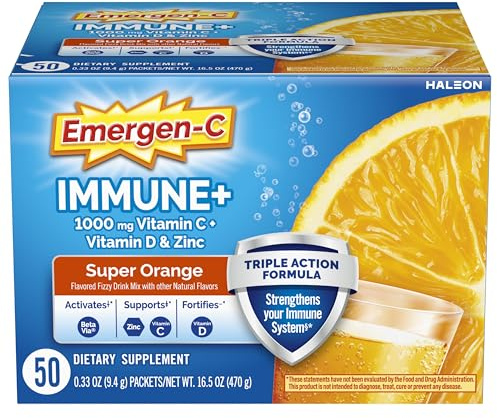 Emergen-C Immune+ Triple Action Immune Support Powder, BetaVia (R), 1000mg Vitamin C, B Vitamins, Vitamin D and Antioxidants, Super Orange – 50 Count