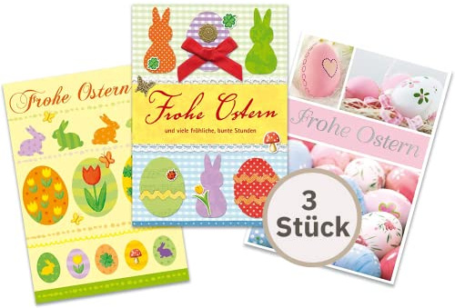 Perleberg Kartenset Ostern in 11,6 x 16,6 cm - 3 Hochwertige Oster-Grußkarten - zufälliges Motiv - Text-Karte zum Osterfest - Ideal für Geldgeschenke - Osterkarte mit Umschlag - Ostergrüße