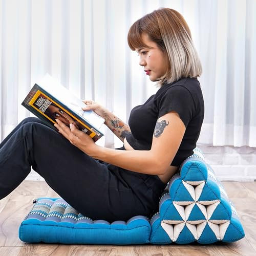 Leewadee Thai-Kissen Falt-Matratze Chill-Out Klapp-Matte Gepolsterte Lesestütze Boden-Liege-Matte mit Dreieck-Kissen Thai-Matte, Kapok, 75 x 50 cm, Hellblau