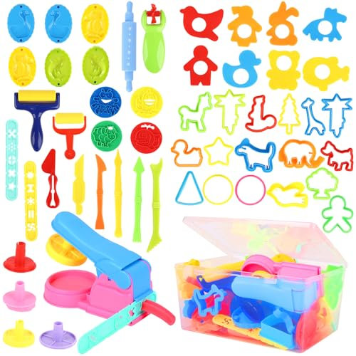 Hanmulee Teig Plastilin Werkzeugset für Kinder, 51 Stück Knetwerkzeug und Fräsersätze, Ton Kunststoff Zubehör Rollen Extruder Kit Plastilin Kreation Lernspielzeug Geschenk, mehrfarbig