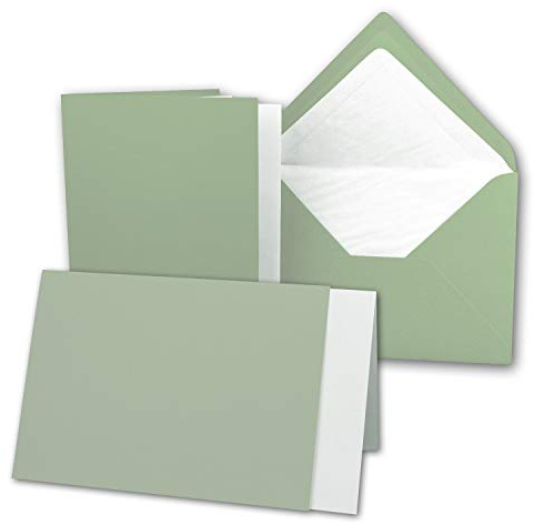 50 x Kartenpaket mit gefütterten Brief-Umschlägen und Einleger - gerippt - DIN A6/C6 - Olive-Grün - 10,5 x 14,8 cm - Nassklebung - NEUSER PAPIER