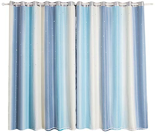 Cortinas huecas de estrellas de rayas de colores, Cortinas de Dormitorio Infantil con 2 Paneles, Cortinas Opacas, Cortinas Girl de arco iris degradado doble capa para Salón, Decoración[Azul Oscuro]