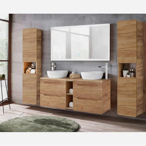 Lomadox Badmöbel Komplett Set in Wotan Eiche Nb., 141 cm Doppel-Waschtisch mit Unterschrank und Regal, 2 Keramik-Waschbecken, LED-Spiegel mit Touch-Funktion, 2 Hochschränke