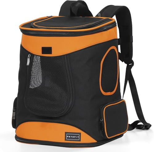 Petsfit Hunderucksack & Katzenrucksack für große Katzen bis 5kg - Leichter Katzen Rucksack mit Netzfenster, Brustgurt & Polster - Atmungsaktiver Rucksack für kleine Hunde, Orange+Schwarz