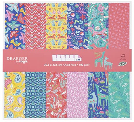 DRAEGER PARIS 1886 - Papeles Scrapbooking Folk 30,5 x 30,5 cm - 6 Hojas, 12 Diseños Dobles - Colores Brillantes: Rosa, Azul, Verde - Ideal para Diarios, Álbumes y Decoración DIY