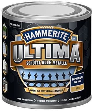 Hammerite Ultima Matt, Metallschutzlack, Hochwertiger Schutzlack für alle Metalle im Außenbereich, Saphirblau RAL 5003, 250 ml
