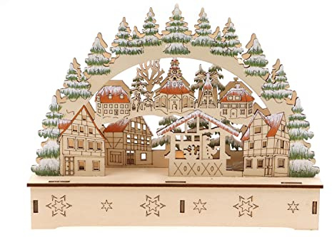 ELLUG 3D Schwibbogen Lichterbogen Holzschnitt Winterdorf aus Holz zum Stellen mit Licht 22 * 6 * 17cm batteriebetrieben mit On-Off Schalter, Timer Funktion (6h On/18h Off)