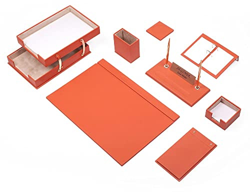 Schreibtisch-Set aus Leder – Schreibtischunterlage – Notizpapierhalter – Stifthalter – Lederuntersetzer – Schreibtischzubehör – Schreibtisch-Organizer – orange (10-teiliges Doppelfach)