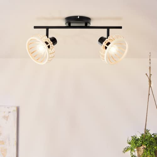 Lightbox Deckenstrahler im Nature Stil | 22 cm Höhe, 43 cm Breite | Spotrohr mit Bambus-Lampen-Schirmen & schwenkbaren Köpfen | 2 x E14 Fassung | aus Metall/Bambus in Schwarz/Beige