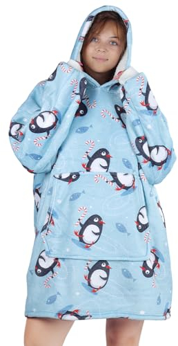 Queenshin Batamanta Manta con Capucha Gigante Pingüino Azul con Bolsillos, Hoodie Pullover Sudadera Manta Cálida y Suave para Adultos, Hombres, Mujeres