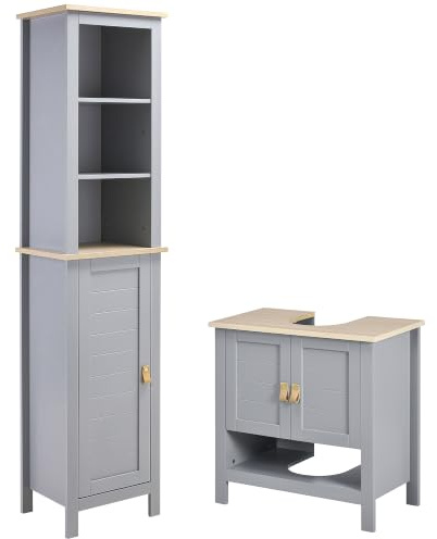 kleankin Conjunto de Baño Estilo Moderno 39x30x168 cm 60x30x60 cm Gris | Juego de Columna de Baño y Mueble para Debajo del Lavabo, con Estante Ajustable
