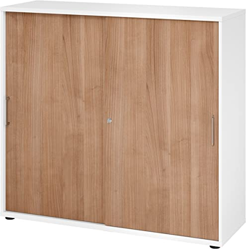 bümö Schiebetürenschrank 3OH - Aktenschrank abschließbar, Sideboard Schrank mit Schiebetüren in Weiß/Nussbaum, Bügelgriff - Büroschrank aus Holz mit Schiebetür, Büro Kommode für Ordner & Co.