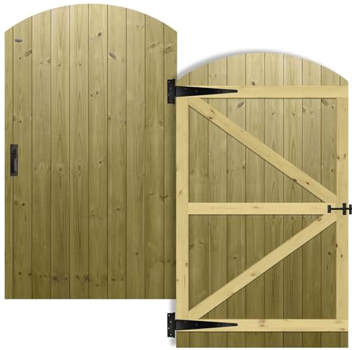 Arch Top Wooden Garden Gate 6x3.5ft - Tongue & Groove Fully Framed Treated Timber Door + Suffolk Latch Hinge Pack, H:6ft x W:3.5ft Ideal for Outdoor Pathway Home Access (High: 180cm x Wide: 105cm)