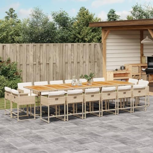 Homgoday 17-TLG. Garten-Essgruppe mit Kissen Gartentisch mit Stuhl Balkonmöbel Gartenmöbel Set Tisch mit Holzplatte Gartengarnitur Sitzgruppe für Garten Terrasse Beige Poly Rattan