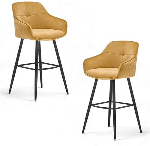 EMMA Barhocker 2er Set, Gelb Samt mit schwarzem Metallgestell, Hocker | 57 x 105 x 53 cm (B/H/T), Samtbezug mit Diamantsteppung, Polsterung, Sitzhöhe 73 cm, für Esszimmer, Wohnzimmer, Küche