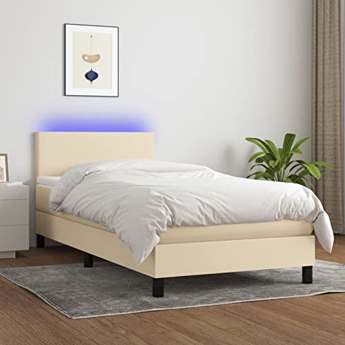 Keyroto Boxspringbett 80x200 Boxspringbett Einzelbett Boxspringbett mit Matratze & LED Stoff Creme 80x200 cm