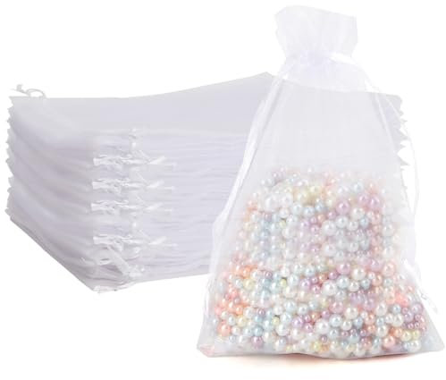 Organza-Beutel, 100 Stück, weiße Geschenkbeutel, durchsichtige Organza-Beutel, 10,2 x 15,2 cm, Netzbeutel, Kordelzug, Schmuck, Geschenkbeutel, Großpackung, kleine Süßigkeitenbeutel für Hochzeit,