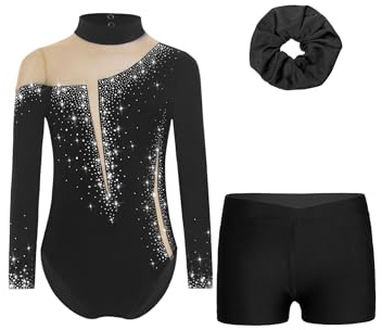 iEFiEL Mädchen Turnanzug Langarm Set Glitzer Gymnastikanzug Mit Shorts Und Haarband Kinder Tanztrikot Eiskunstlauf Kleidung B Schwarz 146-152