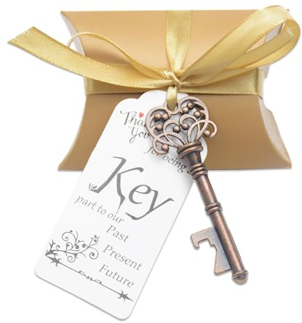 Abrebotellas con llave para recuerdo de boda: 50 piezas de esqueleto vintage con cajas de caramelos, cintas y tarjetas de agradecimiento para invitados, celebraciones, cumpleaños, baby showers