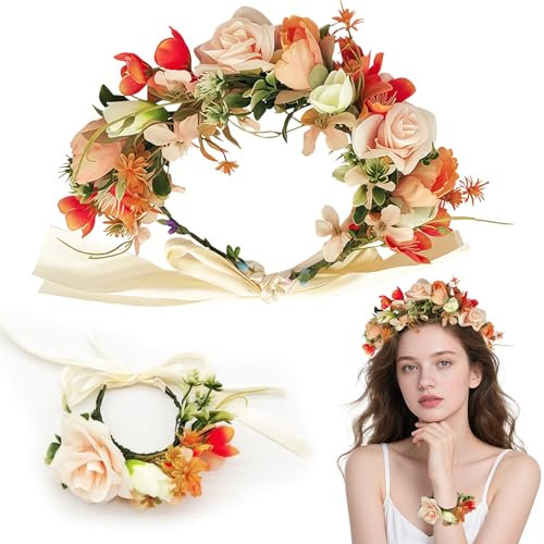 Wedding Floral Guirlande Couronne Demoiselle,Floral Coiffure et Ensemble de Bracelet,Femmes Bandeaux de Fleurs,Fleur Bandeau Guirlande,pour Party Festival Beach Travle Mariage