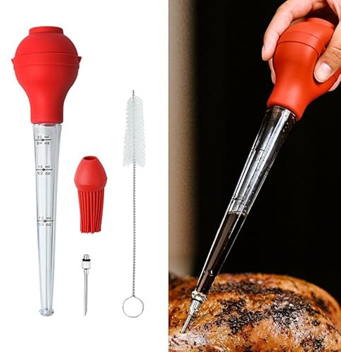 Générique Pipette für Küche, Bratenspritze für die Küche, Injektionsnadel mit Reinigungsbürste für Kochen BBQ Pipette Küche (Rot)