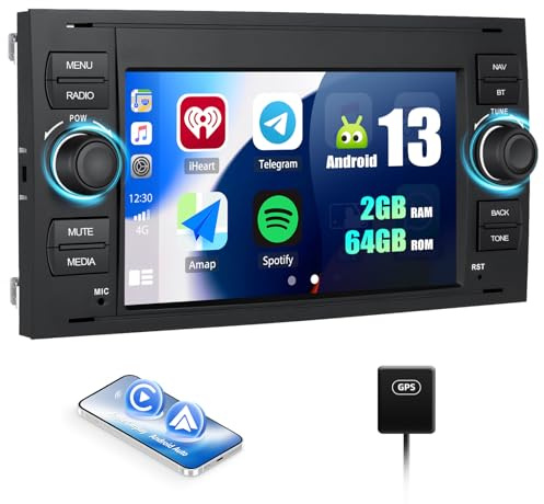 SIXWIN 2 GB 64 GB Android 13 bilradio för Ford Fiesta C/S-MAX Transit Galaxy Connect Mondeo med Carplay/Android Auto/Mirrorlink, 7 tums HD-pekskärm med WiFi, GPS, Bluetooth, FM/RDS, EQ