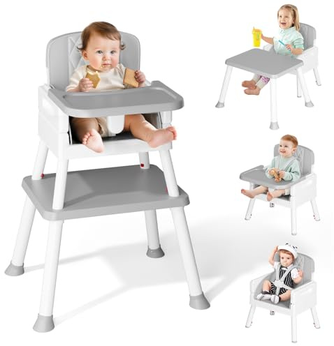PAMPORPET 6 en 1 chaise haute bébé, chaise haute pour enfant, bureau, table à jouets et ensemble de sièges pour enfants, avec ceinture de sécurité à 5 points et plateau amovible (gris)